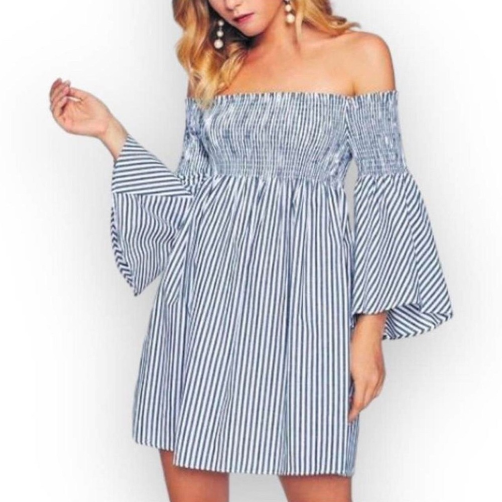 Zara Blue White Stripe Off-the-shoulder Babydoll Mini dress Angel/bell Sleeve XS